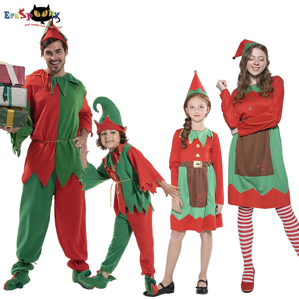 Eraspooky Family Christmas Santa Claus Costume Adult Elf Costume For Boy Santa Helper Fancy Dress Christmas Carnival Party Girl