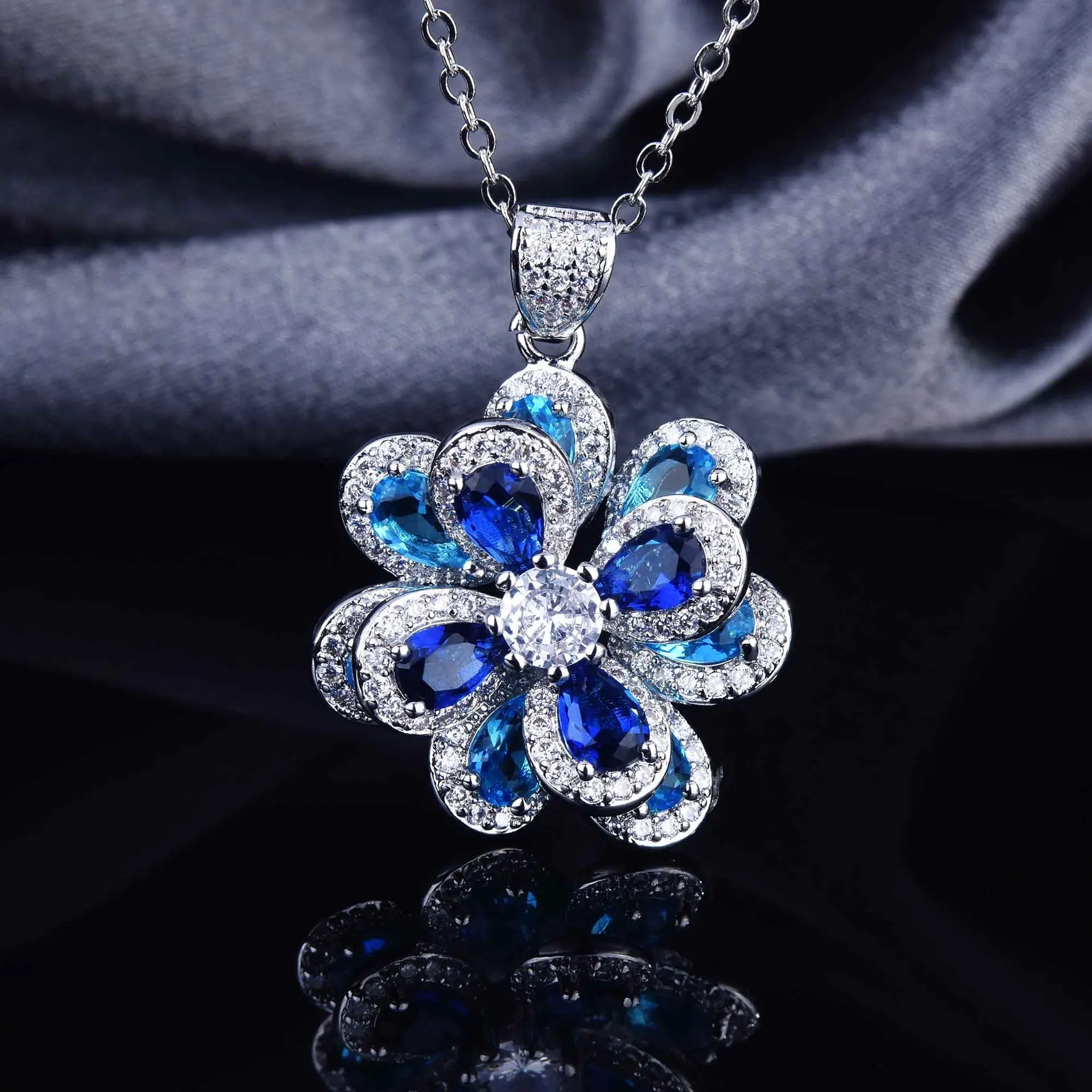 Ladies's Romantic Charm Silver Color Earrings Blue Camellia Zircons Necklaces Rings Sets Fine Costume Jewelry Valentines Gifts