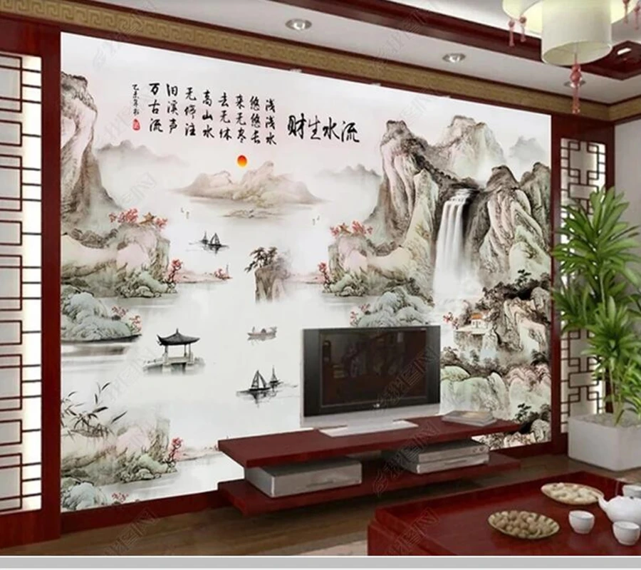 Papel de parede Chinese style landscape painting and flowing water wallpaper,living room tv bedroom wall papers home decor mural