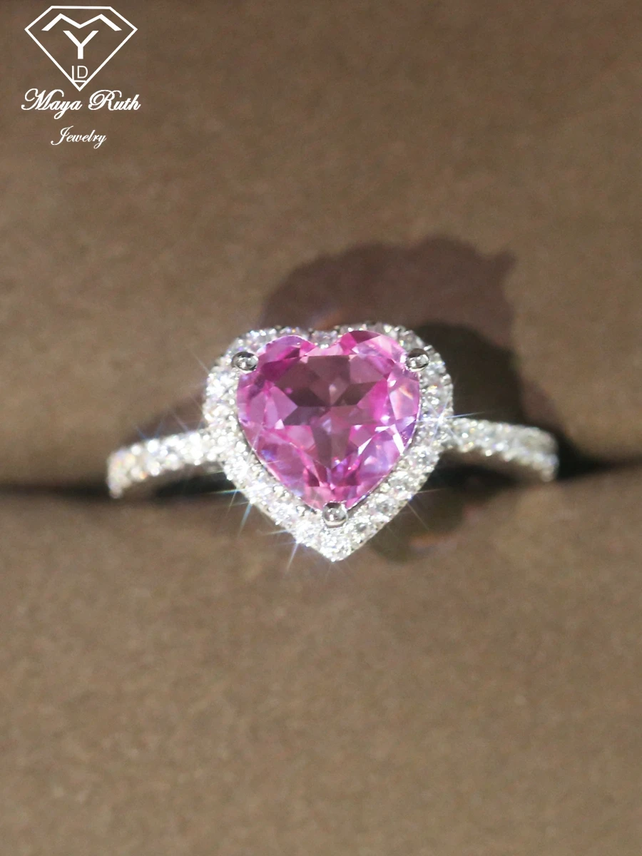 Created Pink Sapphire Real 925 Sterling Silver Party Ring For Women Imitation Gemstone Heart Shape Female Love Aesthetic Gifts