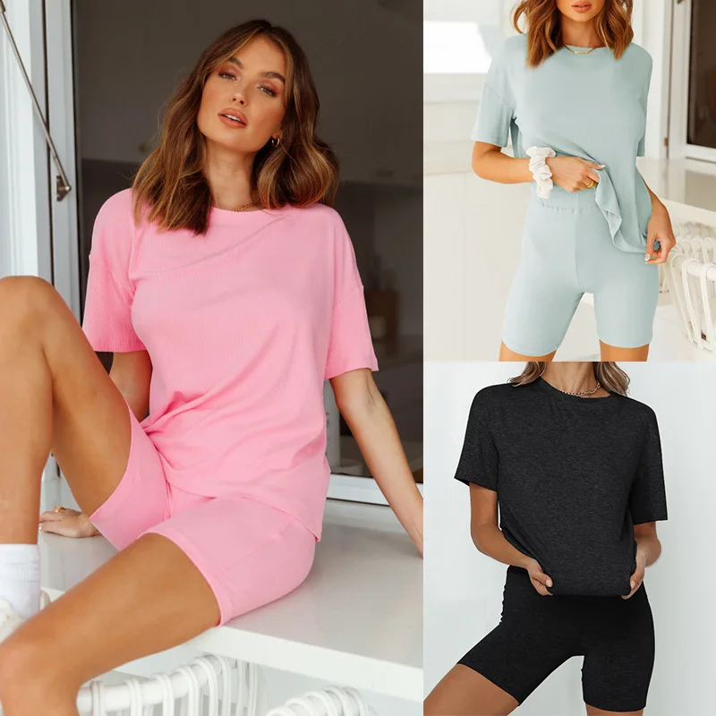 

Woman's Pajamas Summer Sleepwear Solid Color Round Neck Short-Sleeve Casual Leggings Shorts Sports Suit 2021 New Female Homewear