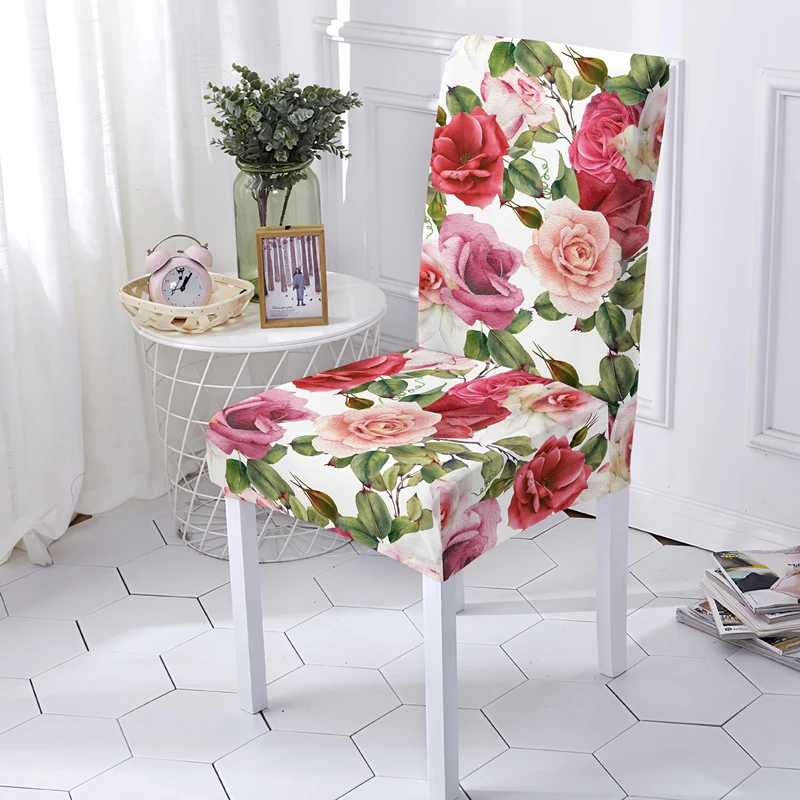 Rose Printed Stretch Chair Cover For Dining Room Office Banquet Chairs Protector Elastic Material Armless Seat Covers