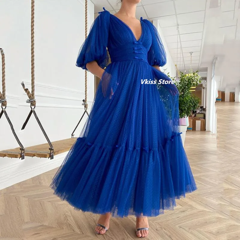 

A-Line Royal Blue Tea Length Evening Dresses Dot Net Elegant Puffy Sleeves Plus Size V-Neck Prom Party Wear Robe De Soiree New