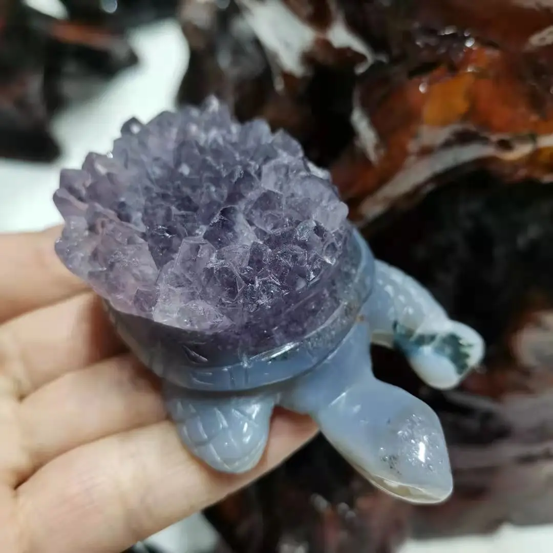 Nautrual Hand carved Amethyst tortoise quartz crystal cluster Turtle figurine