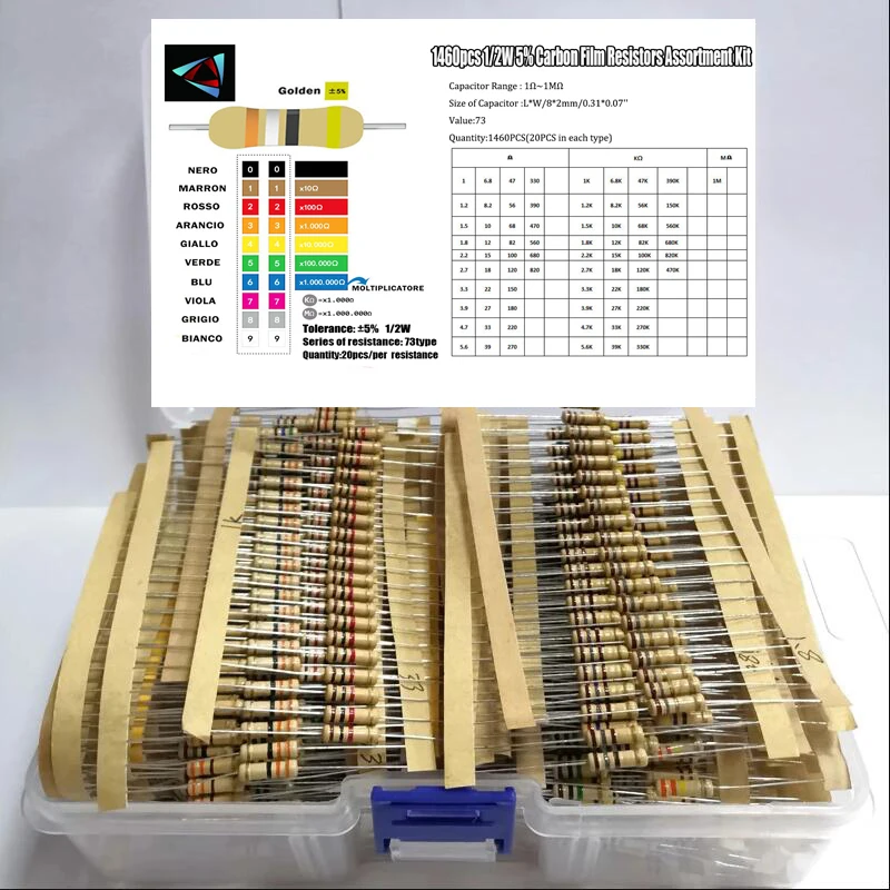 1460Pcs 1/2W 5%  1-1M ohm 73 Values Carbon Film Resistor Kit Box