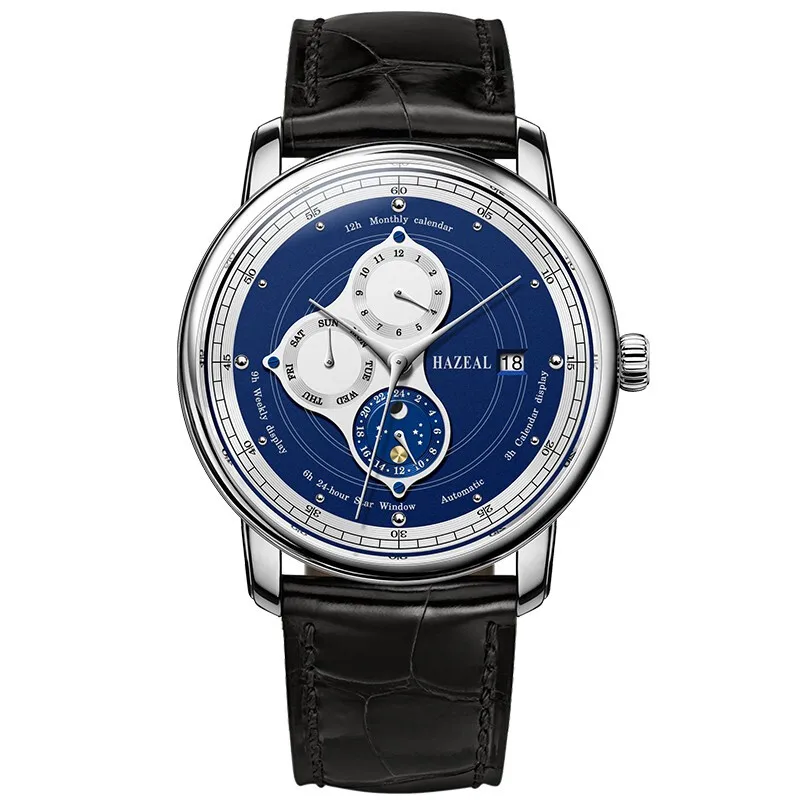 HAZEAL Men Automatic Watch 41MM Mmechanical Wristwatch Waterproof Sapphire Mirror Multi-dial Month Week Date Sun-Moon Dial