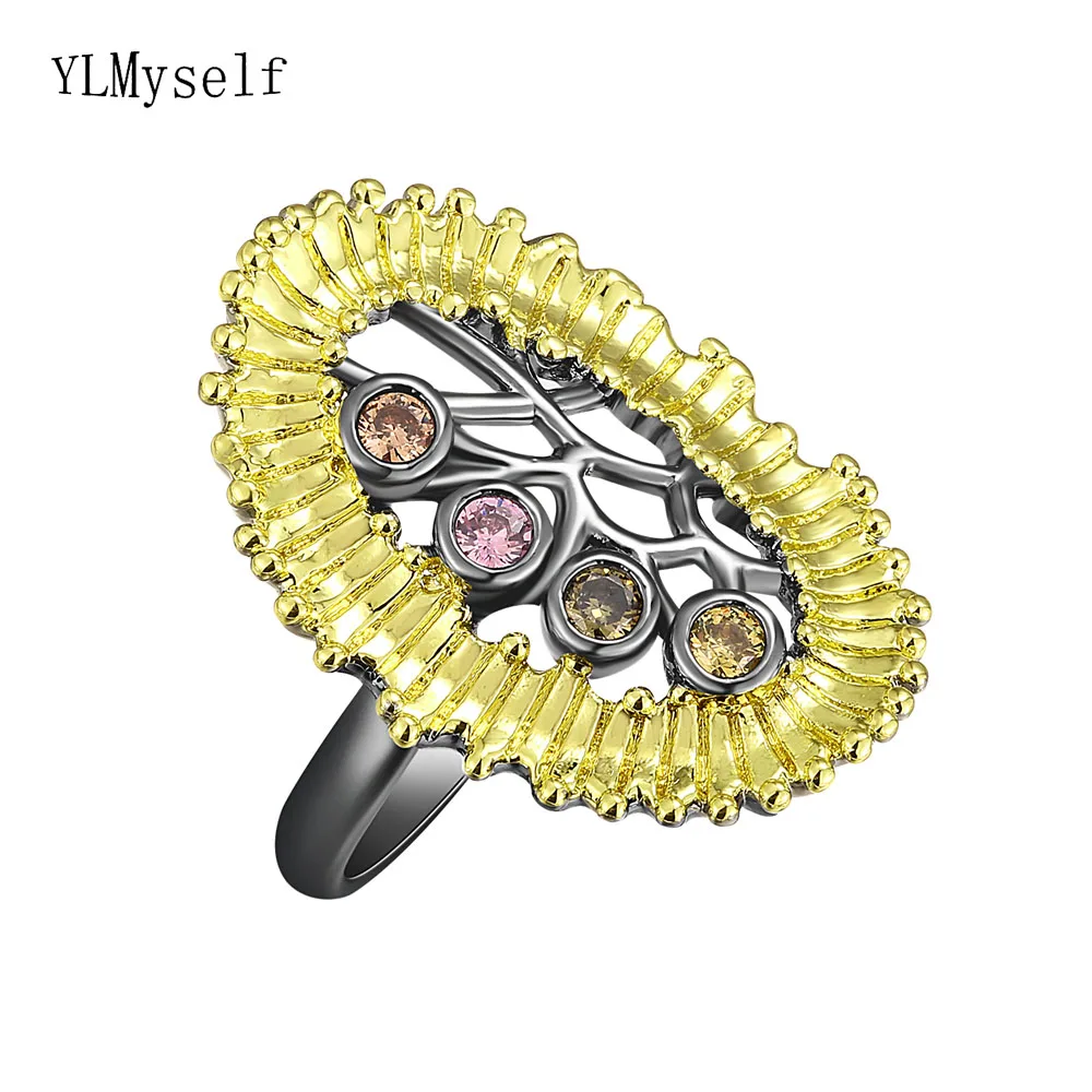 

Cool Black+Gold 2 Tone color Ring Hollow Design Hip hop Rock Jewelry For Women Brass Metal Unique Jewellery