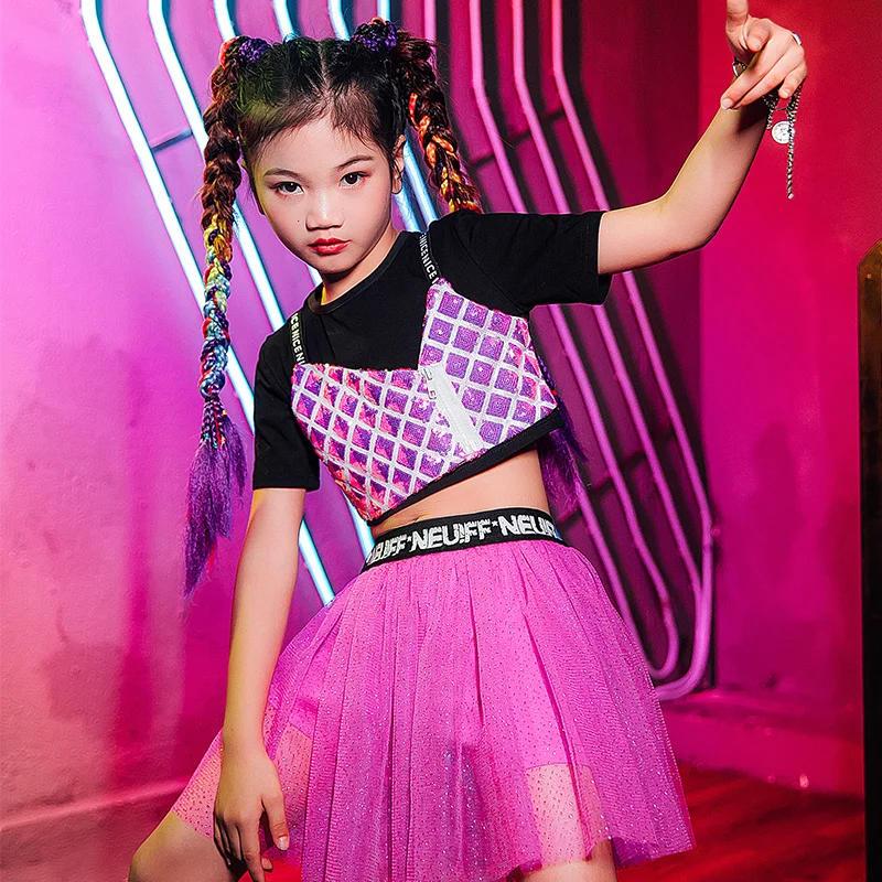 

Children'S Day Catwalk Show Clothes Jazz Dance Performance Clothes Girls Hip-Hop Street Dance Sequin Tops Gauze Skirt DQL5309