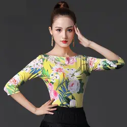 Autumn Latin Dance Performance Round Neck Shirt New Female Adult Print Tops National Standard Ballroom Dancing Practice Clothing