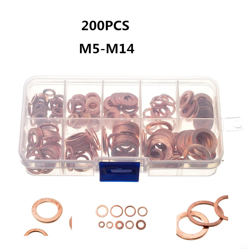 200 Pcs Copper Sealing Solid Gasket Washer Sump Plug Oil For Boat Crush Flat Seal Ring Tool Hardware M5/M6/M8/M10/M12/M14 Pack