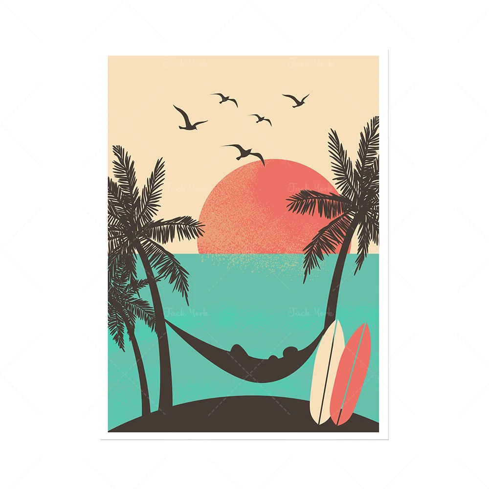 Affiche de surf, Surfer Bliss, ensemble d'aventure d'été, paradis tropicaux, décor de plage d'été, art du coucher du soleil, ensemble côtier d'océan de Californie