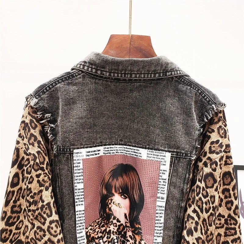 Autumn Spring Patchwork Leopard Denim Jacket Women Long Sleeve Single Breasted Loose Fit Pearls Printed Casual Short Outerwear