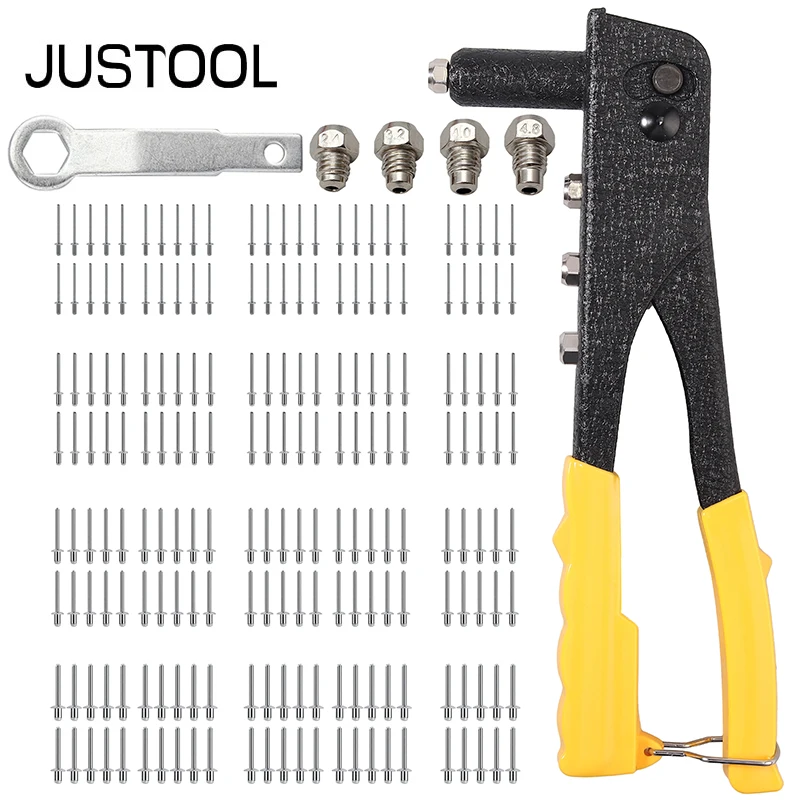 JUSTOOL Hand Riveter Rivet Gun Rivet Tool with 4 Sizes Heads Nosepieces 200PC Rivets Riveting Kit Set for Household Repair Tools