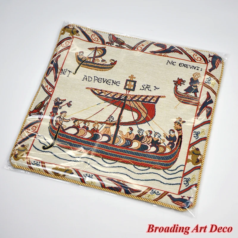 Medieval Tapestry Pillow Cushion Cover - Bayeux, Jacquard Weave Home Textile Decoration Cotton 100% Double Sided Size 45x45cm