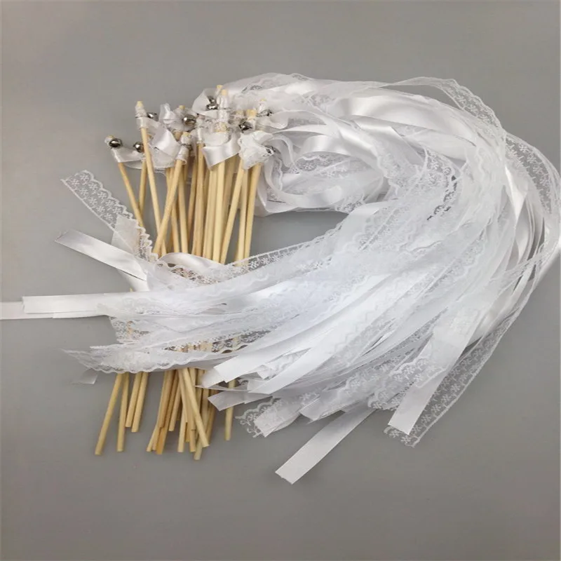 

100pcs WhiteWedding Ribbon Lace Fairy Stick/Sparklers Fairy Magic Wands with Bells Wedding ribbon wands party decor