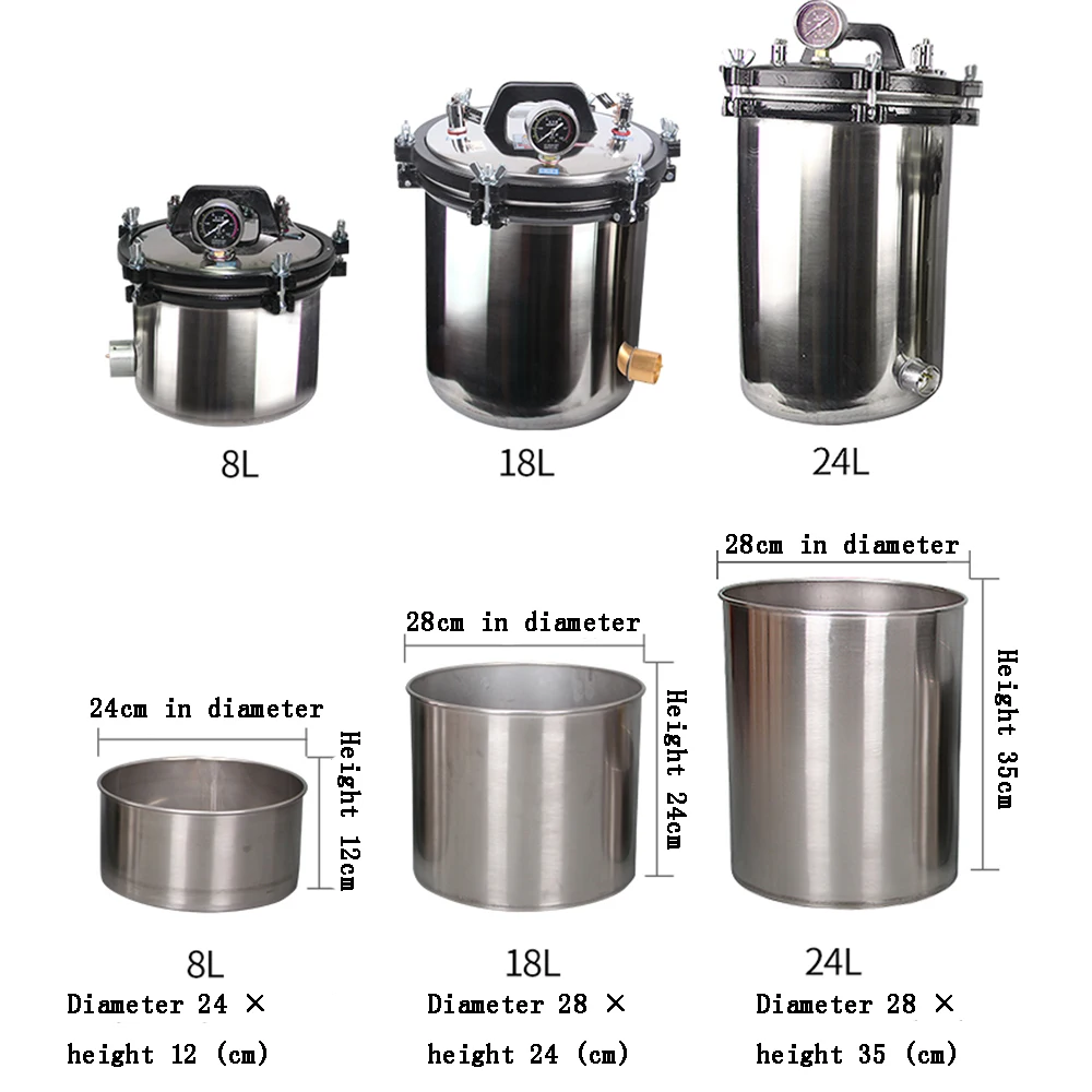 Portable Stainless Steel Heating Autoclave High Pressure Sterilizer Sterilization Pot Pressure Steam 8L/18L/24L