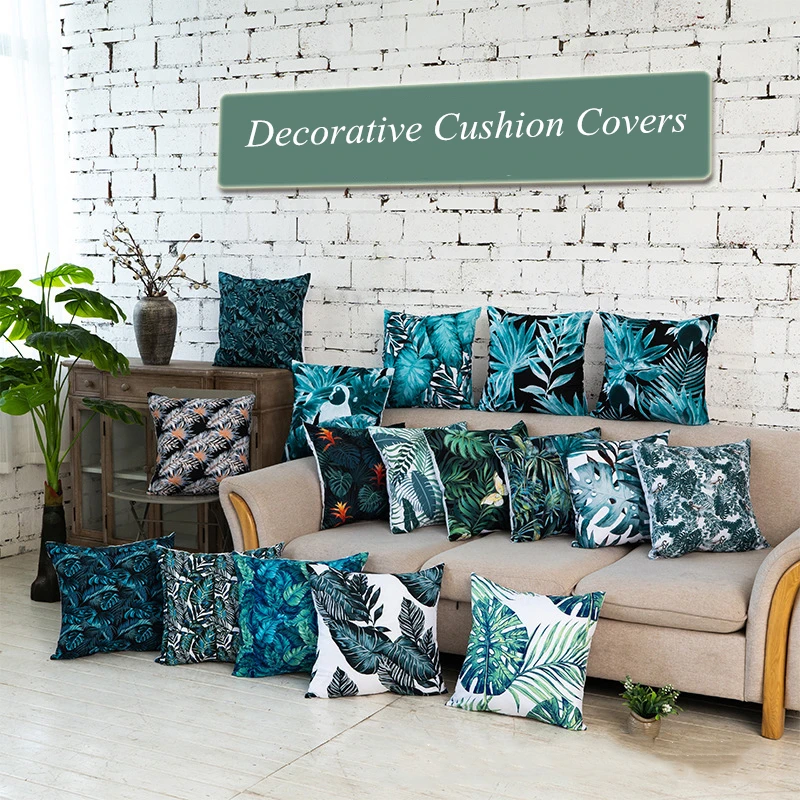 Hand Painted Tropical Leaves Cushion Cover Polyester Square Pillows Cover Decorative Modern Teal Blue Green Sofa Throw Pillows