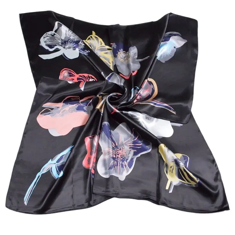 [BYSIFA]Women Men Black Silk Scarf Shawl New Design Spring Autumn Accessories Ladies Genius Flowers Satin Scarves Wraps 90x90cm