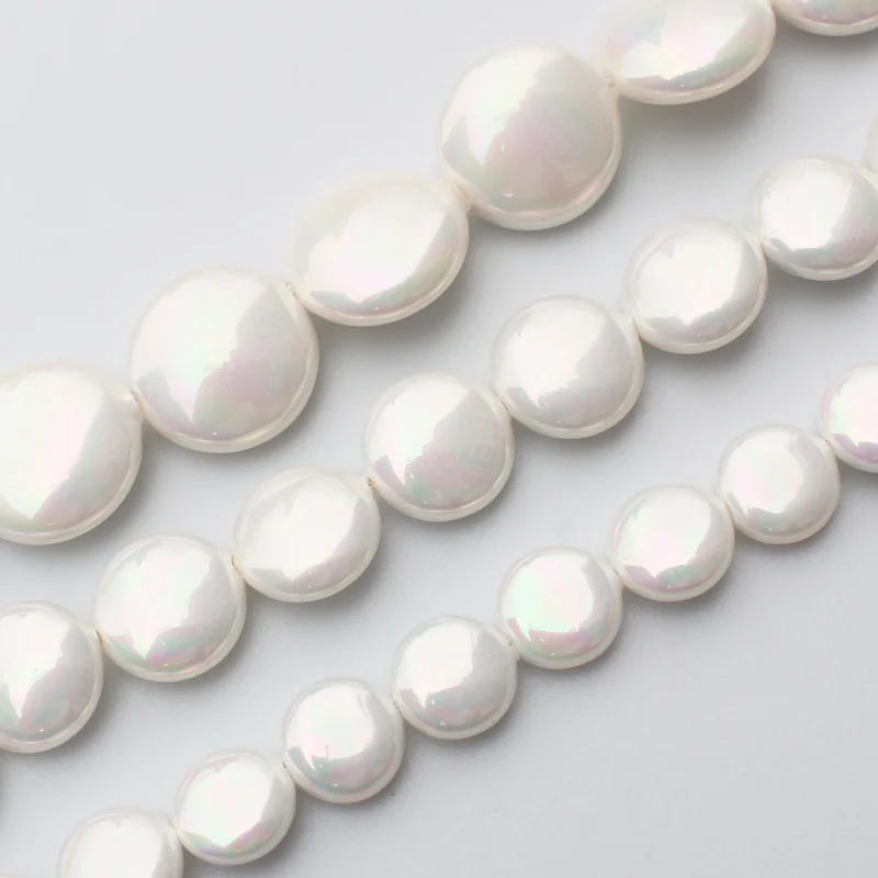 10-16mm White Shell pearl Flat coin shape Beads 15\