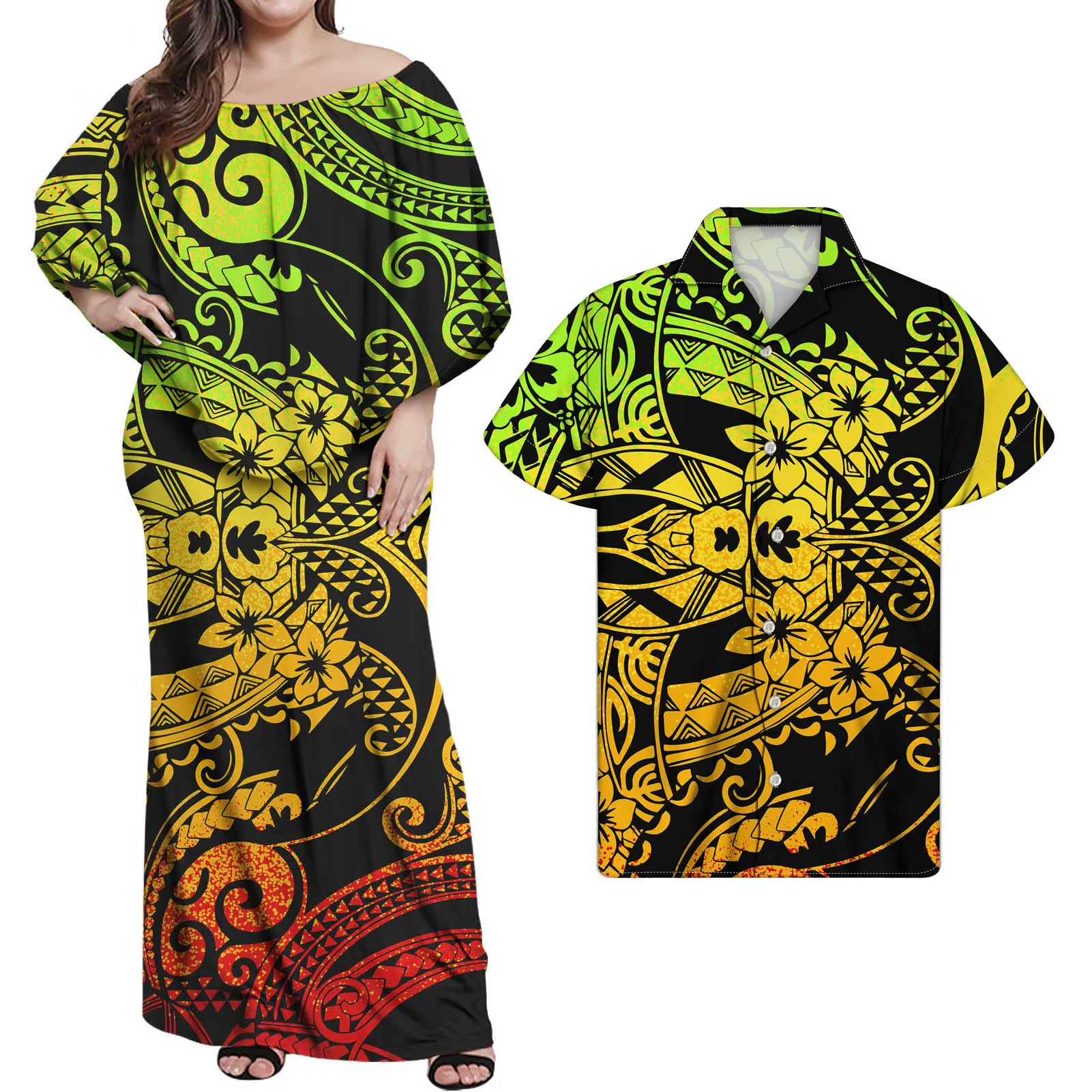 

Hycool Long Sleeves Midi Dress Polynesian Tribal Hawaii Flower Midi Dresses Women Elegant Casual Couple Matching Clothing