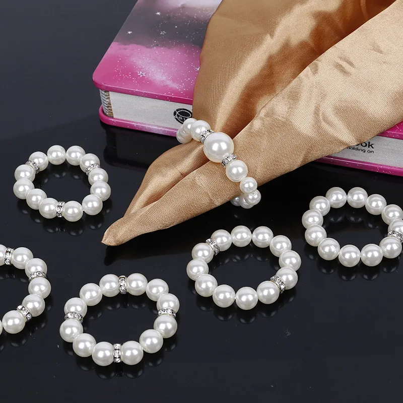 

ZiDeTang 20pcs Imitation Pearl Rhinestones Napkin Ring for Wedding Hotel Party Table Decoration Serviette Elastic Napkin Holder