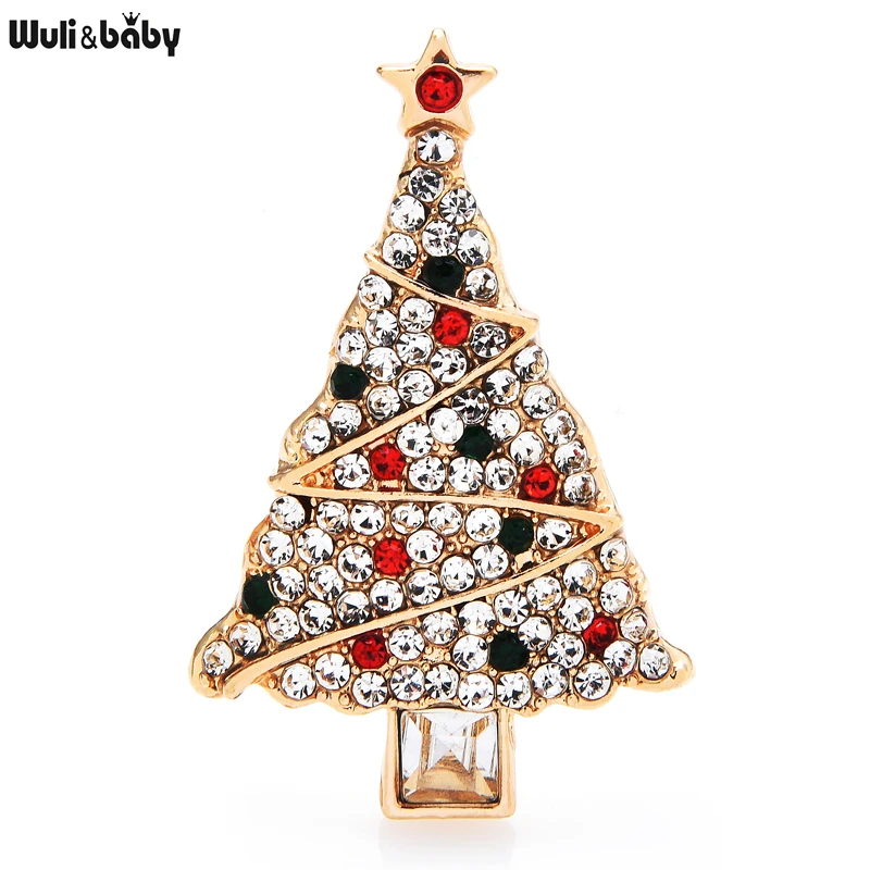 Wuli&baby Sparkling Rhinestone Christmas Tree Brooches For Women Men New Year Brooch Pin Jewelry Gifts