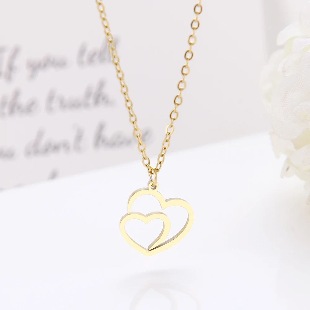 DOTIFI Stainless Steel Necklace Double Heart Gold Color Pendant Necklace Engagement Jewelry