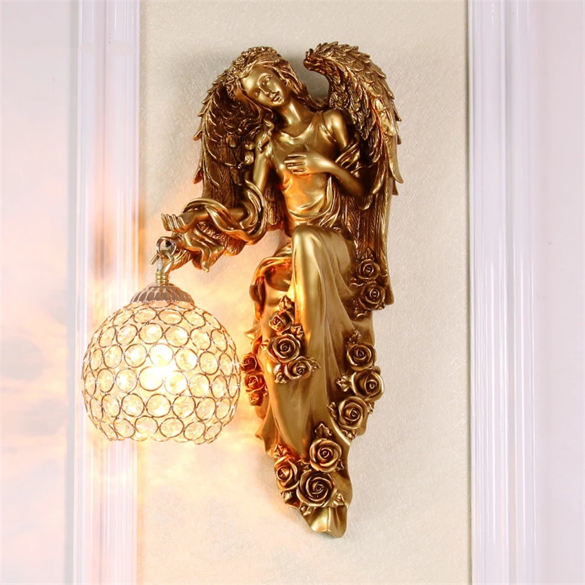 European Flower Angel Wall Lamps Led Living Room American Bedroom Walkway Corridor Sconces Wall Lights Decorated Bedside Lamps