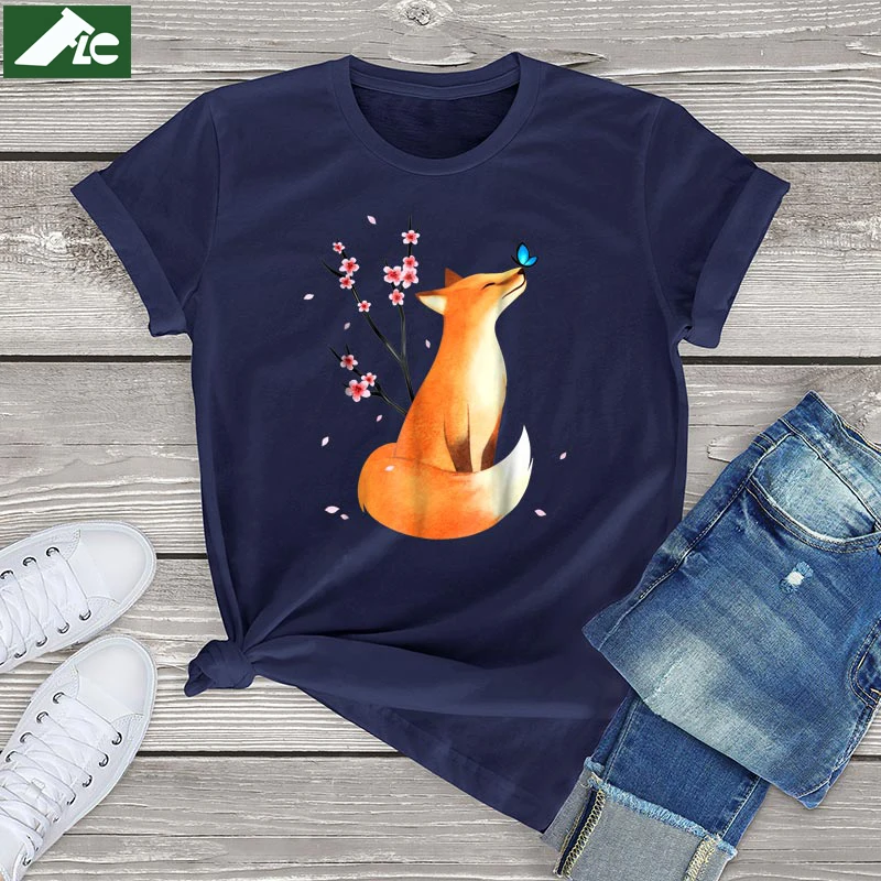 Camiseta de manga curta Kawaii Roupas Femininas Unissex Fox Camiseta Feminina Engraçada Japonesa Flor de Cerejeira Flor Gráfico Camiseta Feminina