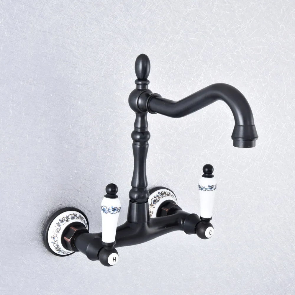 

Bathroom Oil Rubbed Bronze Faucet Wall Mounted Double Handle Swivel Spout Hot and Cold Mixer Faucet Nsf764