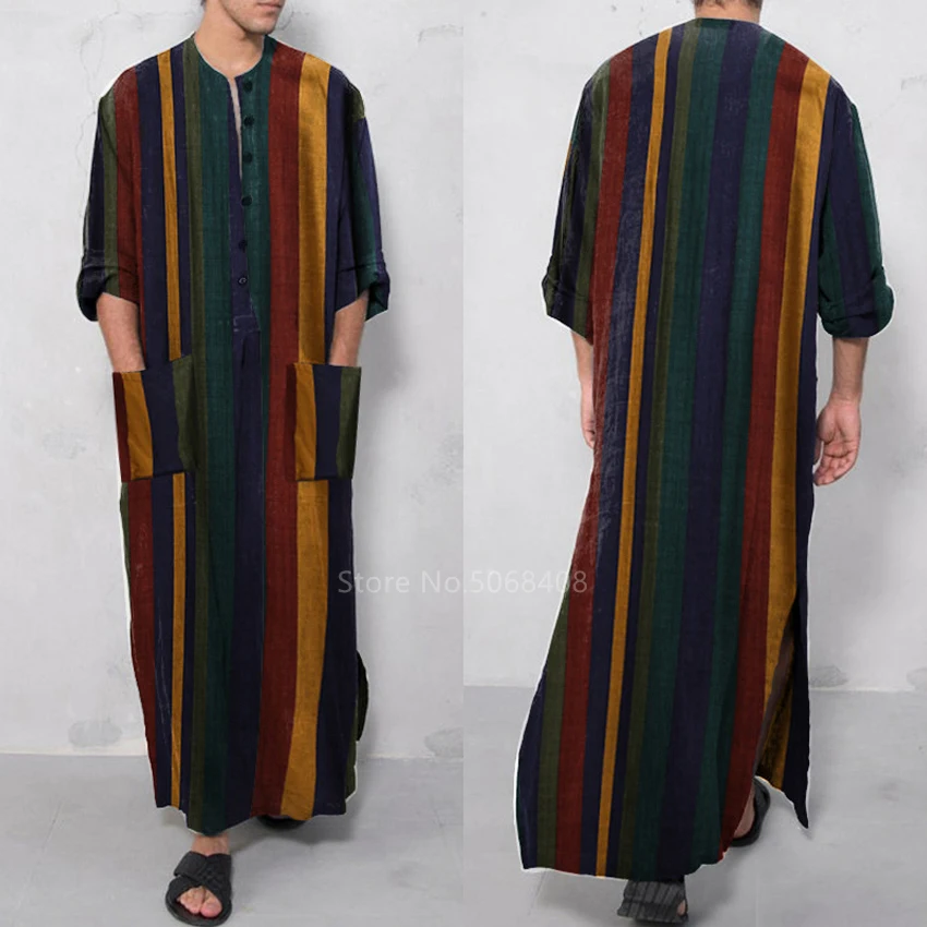 Muslim Fashion Jubba Thobe Men Islamic Arab Fashion Robes Striped Pocket Round Collar Long Sleeve Pullover Kaftan Linen Vintage