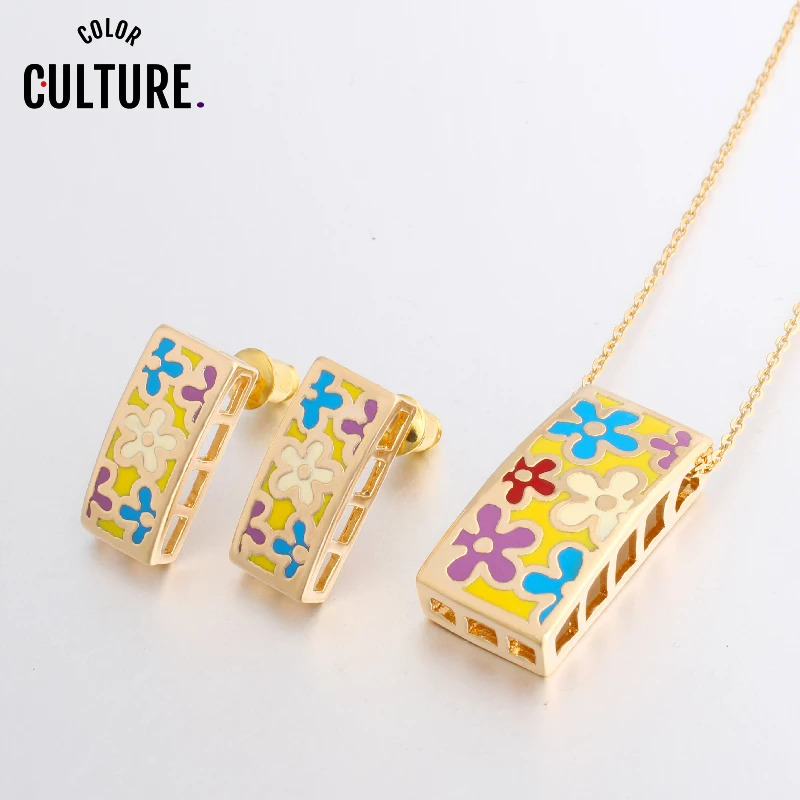 Color Culture New Brand Beautiful Geometry Color Pendant/Earrings for Women Costume Gilded Enamel Jewelry Sets Creative Gift