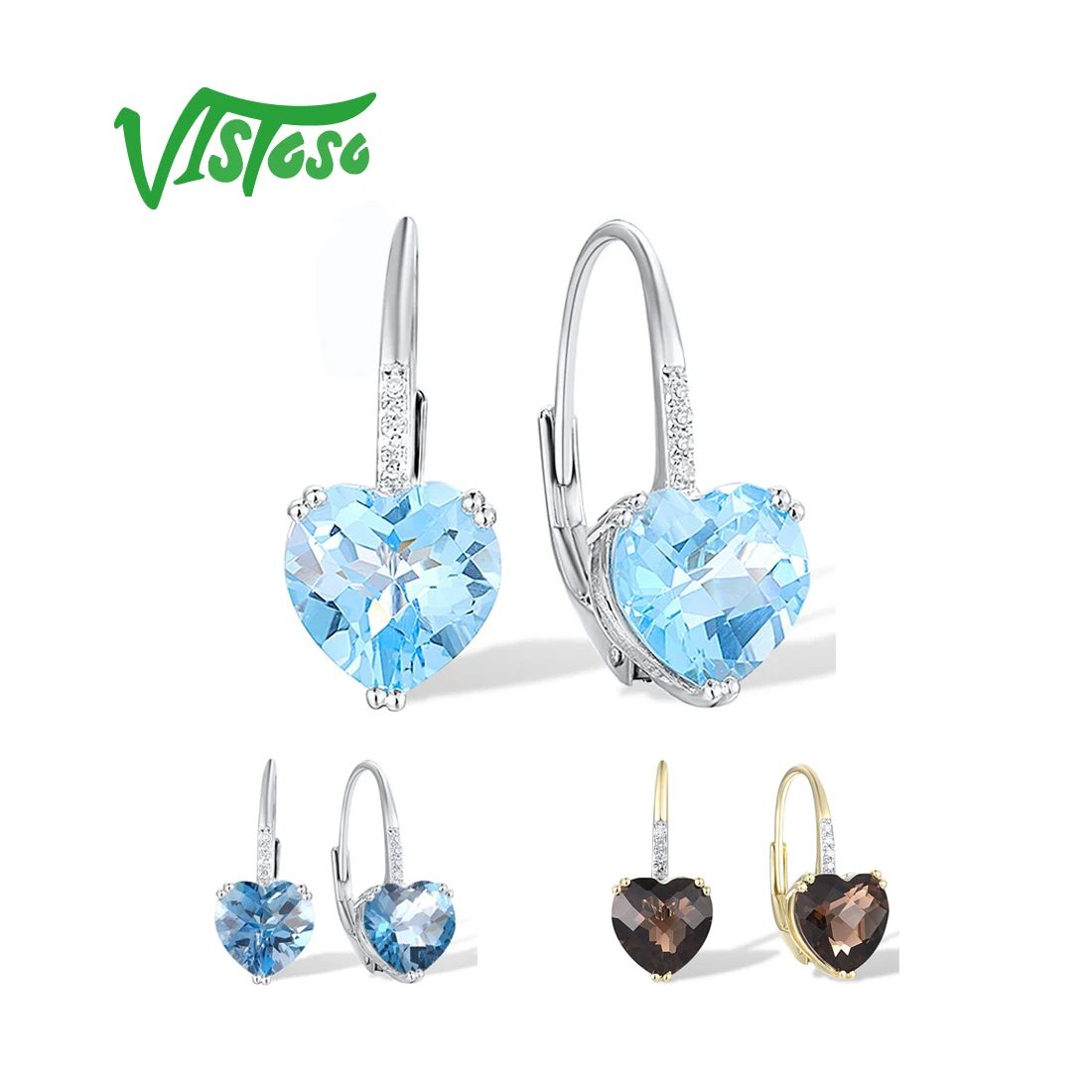 

VISTOSO 14K 585 Rose/White Gold Earrings For Women Sparkling Diamond Blue Topaz/Smoky Quartz Heart Earrings Wedding Fine Jewelry