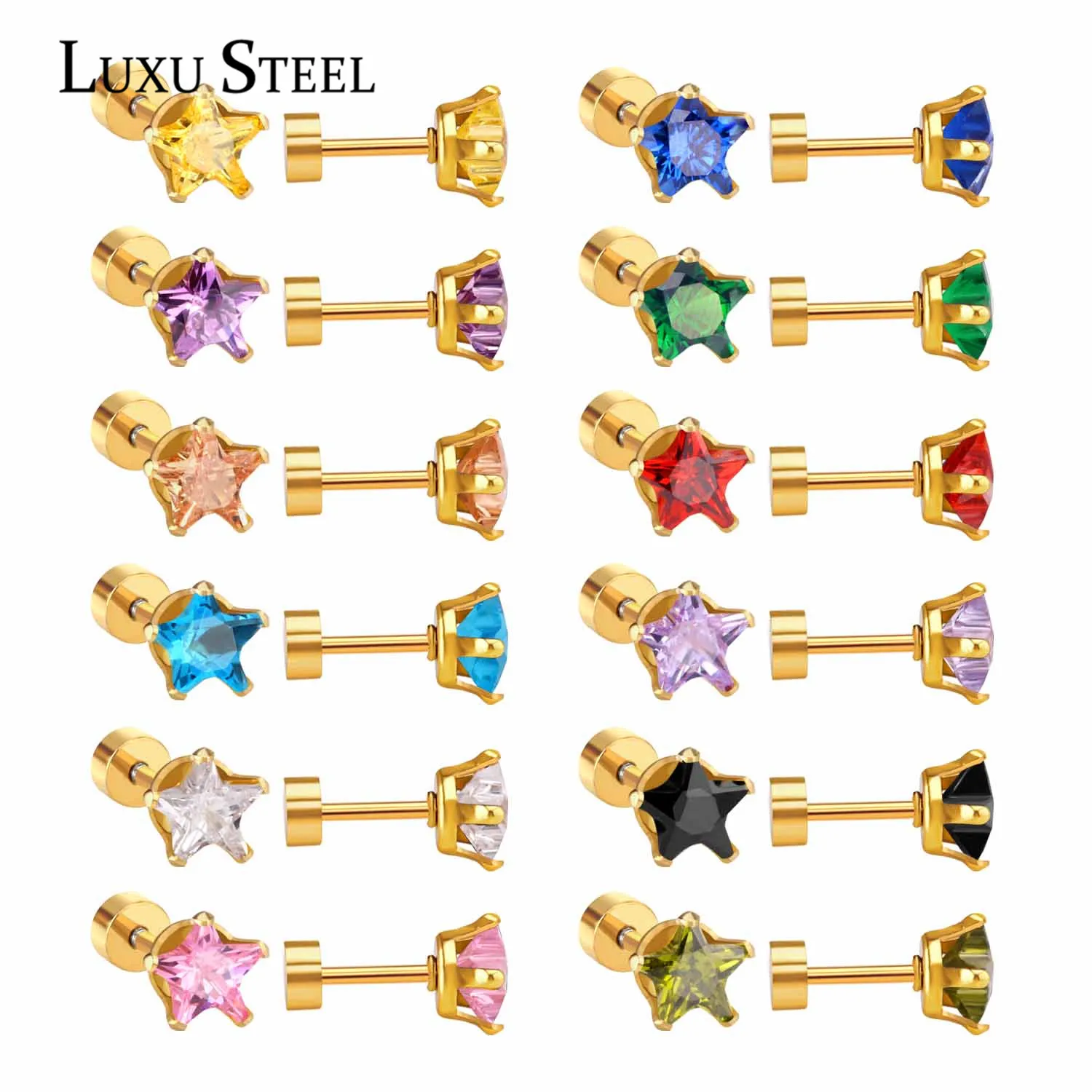 LUXUSTEEL 12pairs/lots Women Earrings Stainless Steel Wholesale Star Colorful Cubic Zirconia Screw Stud Earring Fashion Jewelry