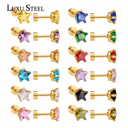 LUXUSTEEL 12pairs/lots Women Earrings Stainless Steel Wholesale Star Colorful Cubic Zirconia Screw Stud Earring Fashion Jewelry