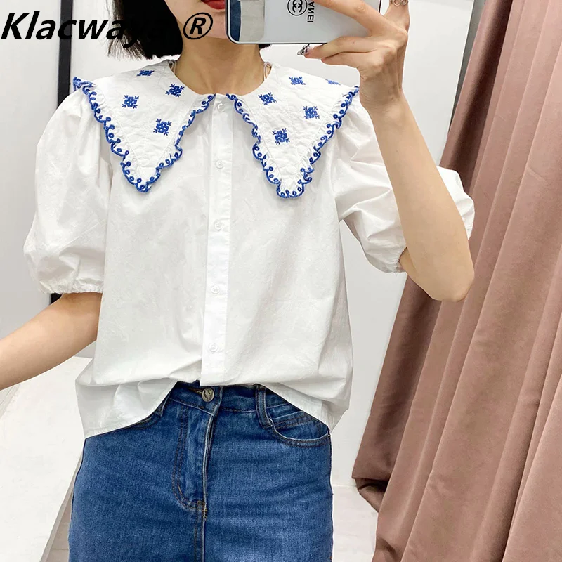 Klacwaya Za Women 2021 Shirts Poplin Embroidered White Shirt Woman Summer Short Puff Sleeve Crop Top Female Cute Button Up Shirt