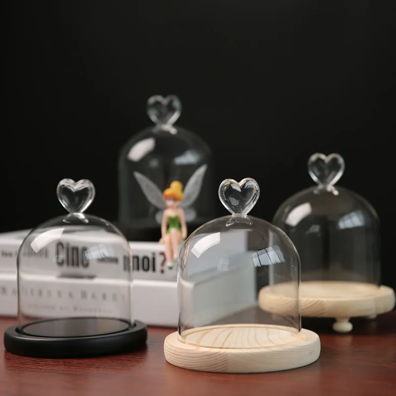 2sets/pack 10*13cm Heart Top Glass Dome Vase Home Decoration Different Optional Base Transparent Cover Wedding DIY FavorGift