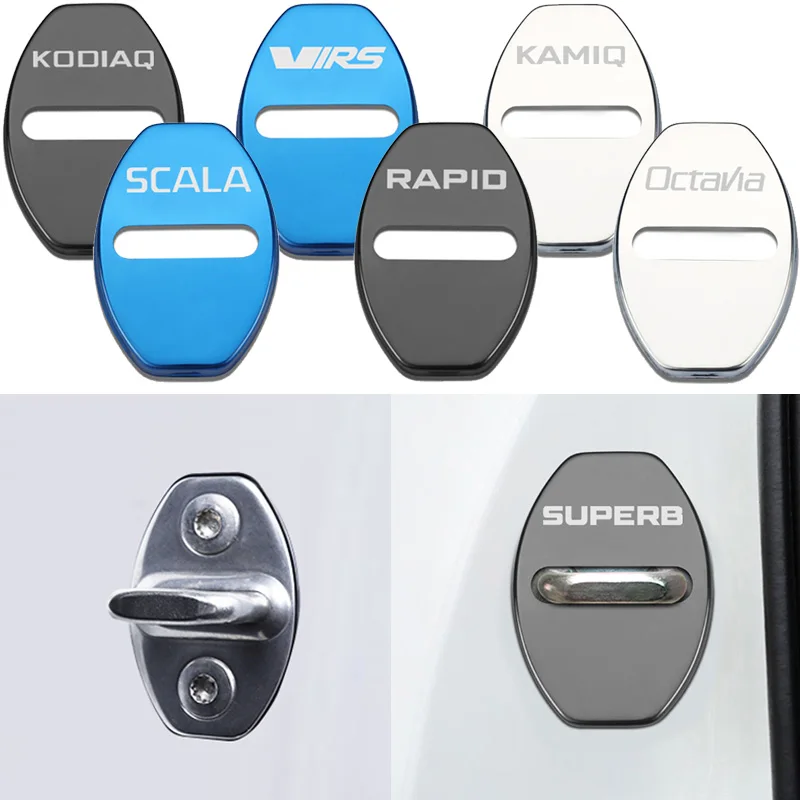 4pcs Car Door Lock Buckle Cover Car sticker For SKODA Octavia FABIA KAMIQ KAROQ KODIAQ RAPID SCALA SUPERB