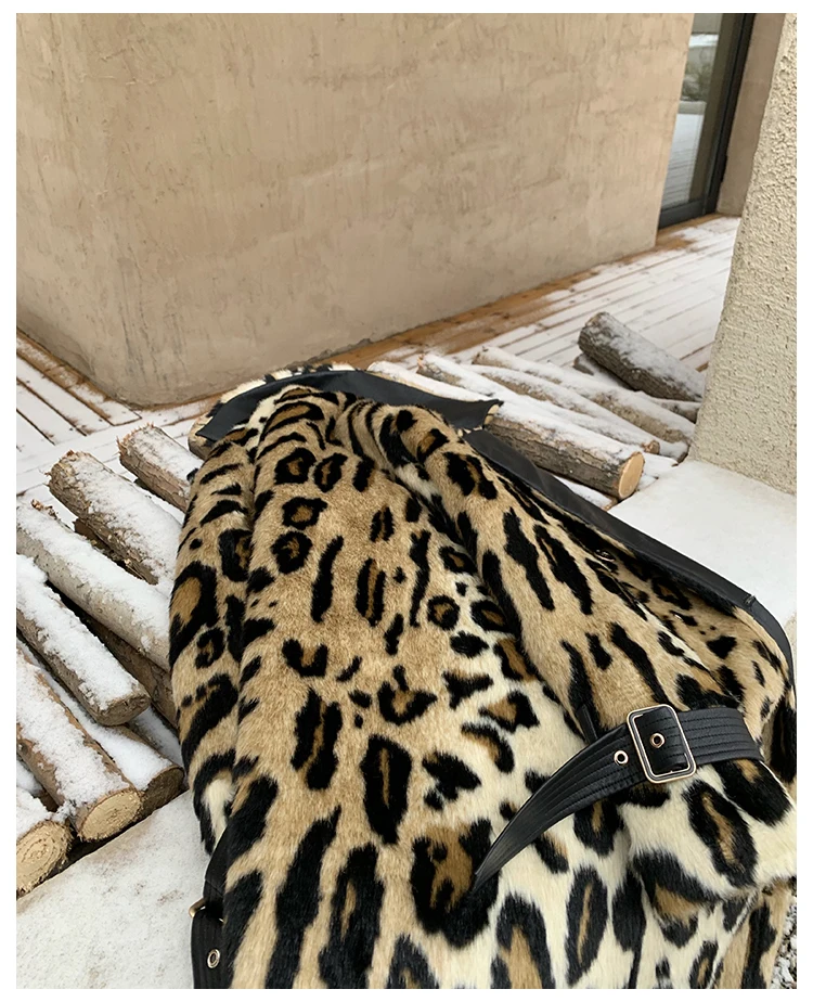 Lautaro Winter Long Leopard Print Warm Fluffy Faux Fur Trench Coat for Women Long Sleeve Double Breasted European Fashion 2021
