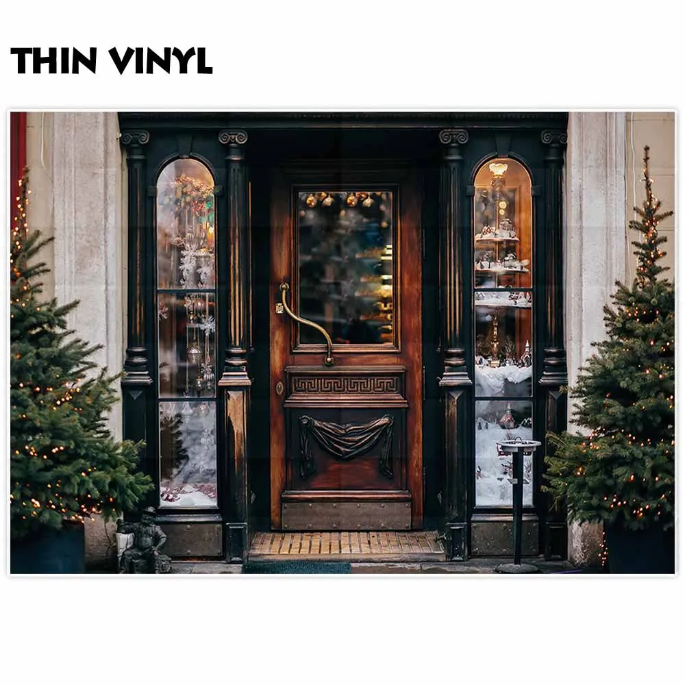 Allenjoy-fondos fotográficos de árboles de Navidad, decoración de puerta de madera de invierno, tienda de regalo, photocall