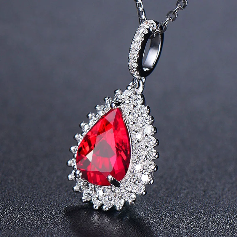 Fashion Silver 925 Jewelry Women Necklace with Oval Shape Ruby Diamond Gemstones Pendant Wedding Party Bohemia Gifts Wholesale