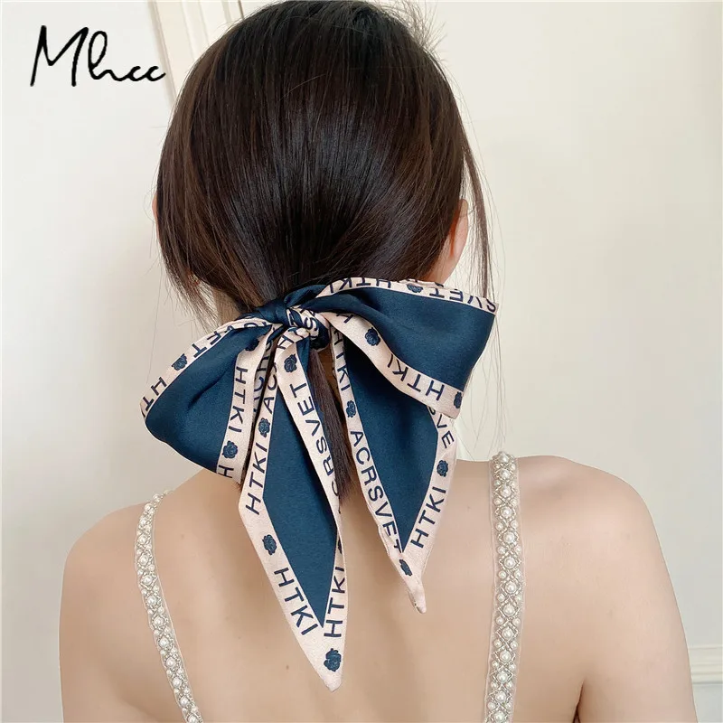 Women's Small Strip French Retro Style Narrow Long Scarf 100x6cm Silk Tie Letter Print Bag Ribbon Headband Hair Accessories