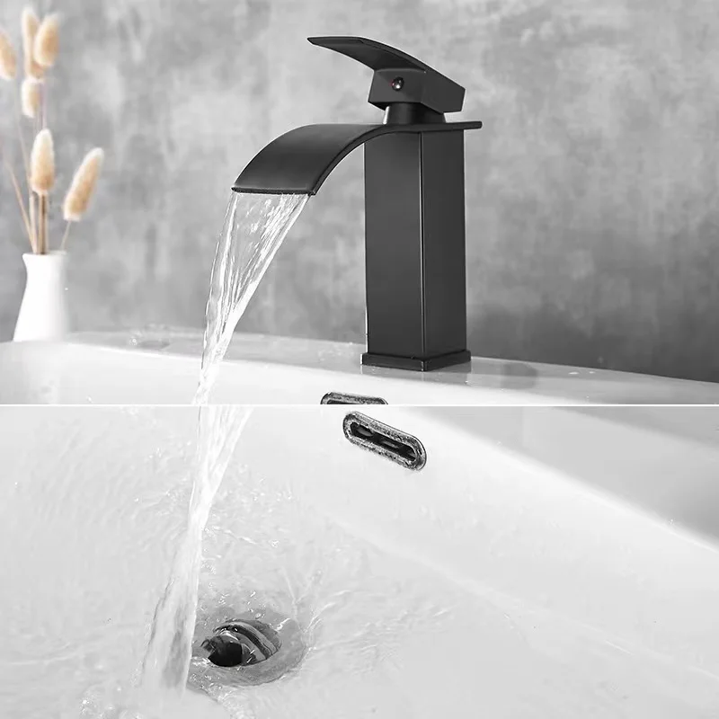 Bathroom Faucets Black/Silver Stainless Steel Wash-basin Tap Flat Curved Mouth Waterfall Basin Faucet Cold Hot Water Mixer Taps