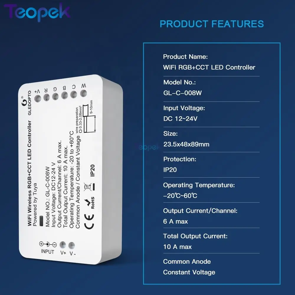 Contrôleur de bande lumineuse à document unique, contrôle d'application Tuya Smart Life, RVB, CCT, WiFi, LED, pas besoin de concentrateur, 5 en 1, RVB, RGBW