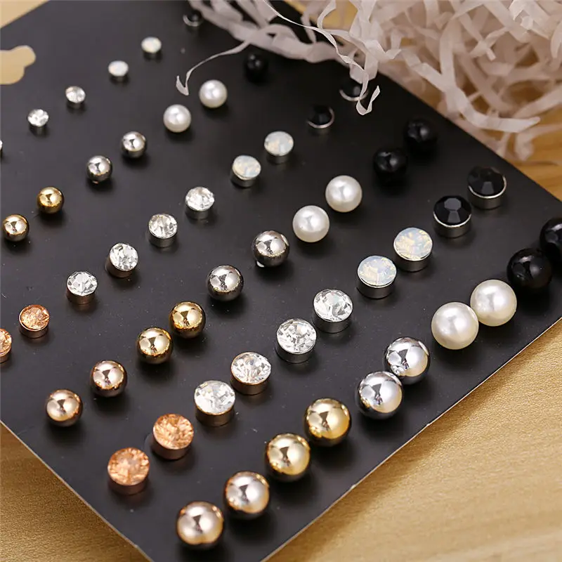 30 Pairs/set Classic Women\'s Round Ball Metal Pearl Earrings For Women Girl Gifts Crystal Stud Earring Sets Mix Jewelry