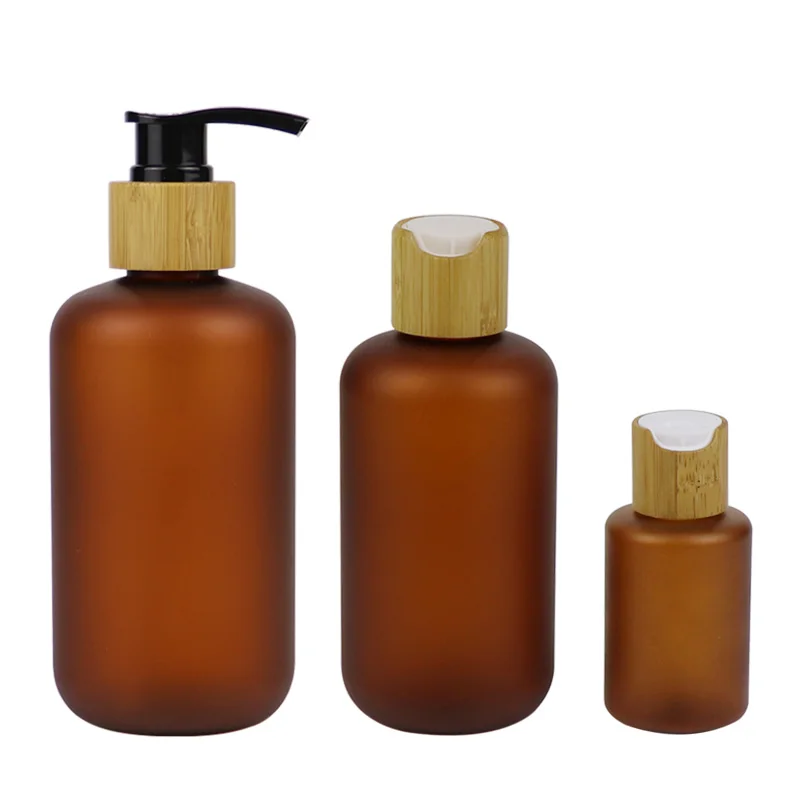 

100PPcs/Lot 60ml 120ml 250ml 500ml Frosted Amber Plastic PET Bottle with Bamboo Lid Shampo Bottle Lotion Bottles with Pump