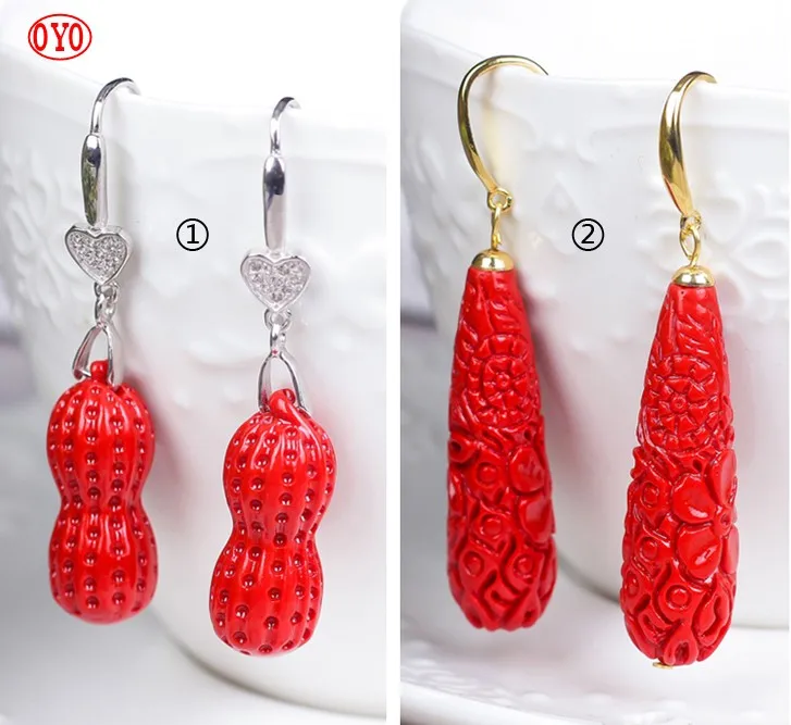 S925 silver original inlaid natural cinnabar peanut drop earrings