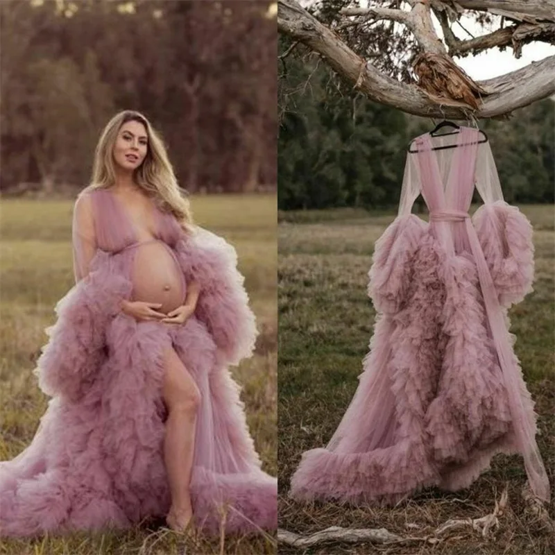 Batas de maternidad para mujer, albornoz largo de tul, vestidos de noche, sesión de fotos, fiesta de cumpleaños, nupcial, ropa de dormir esponjosa