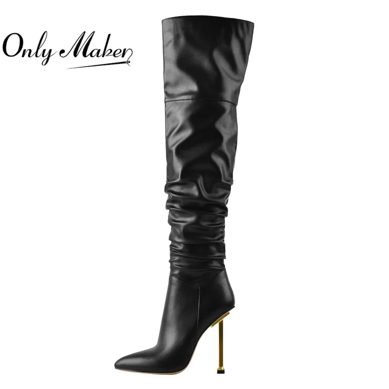 Onlymaker Women Pointed Toe Metal heel Black Matte Side Zip  Knee High Boots Big Size Lady Fashion Classic Long Winter Boots