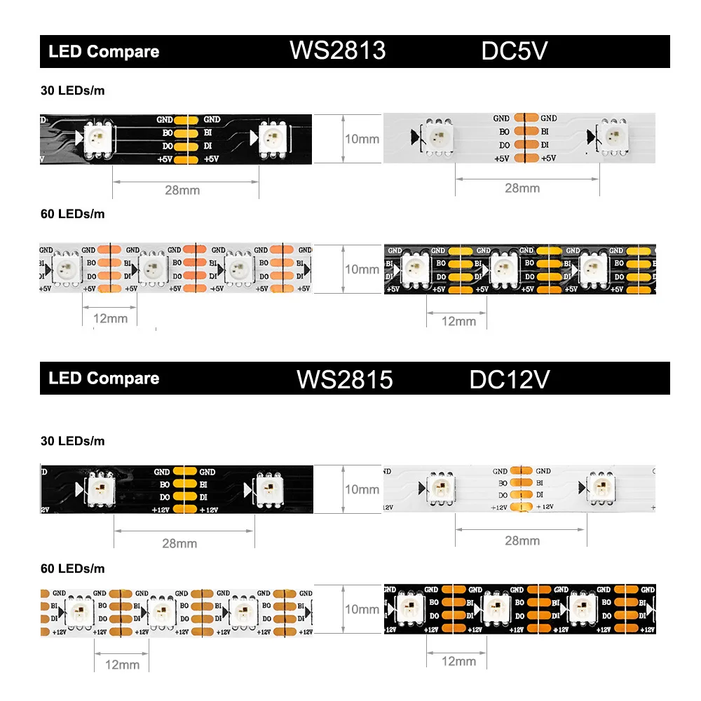 5V WS2812B 12V WS2811 WS2815 LED Strip Light RGB Dual Signal WS2812 LED Lights Tape Individually Addressable 1m 5m 30led 60led